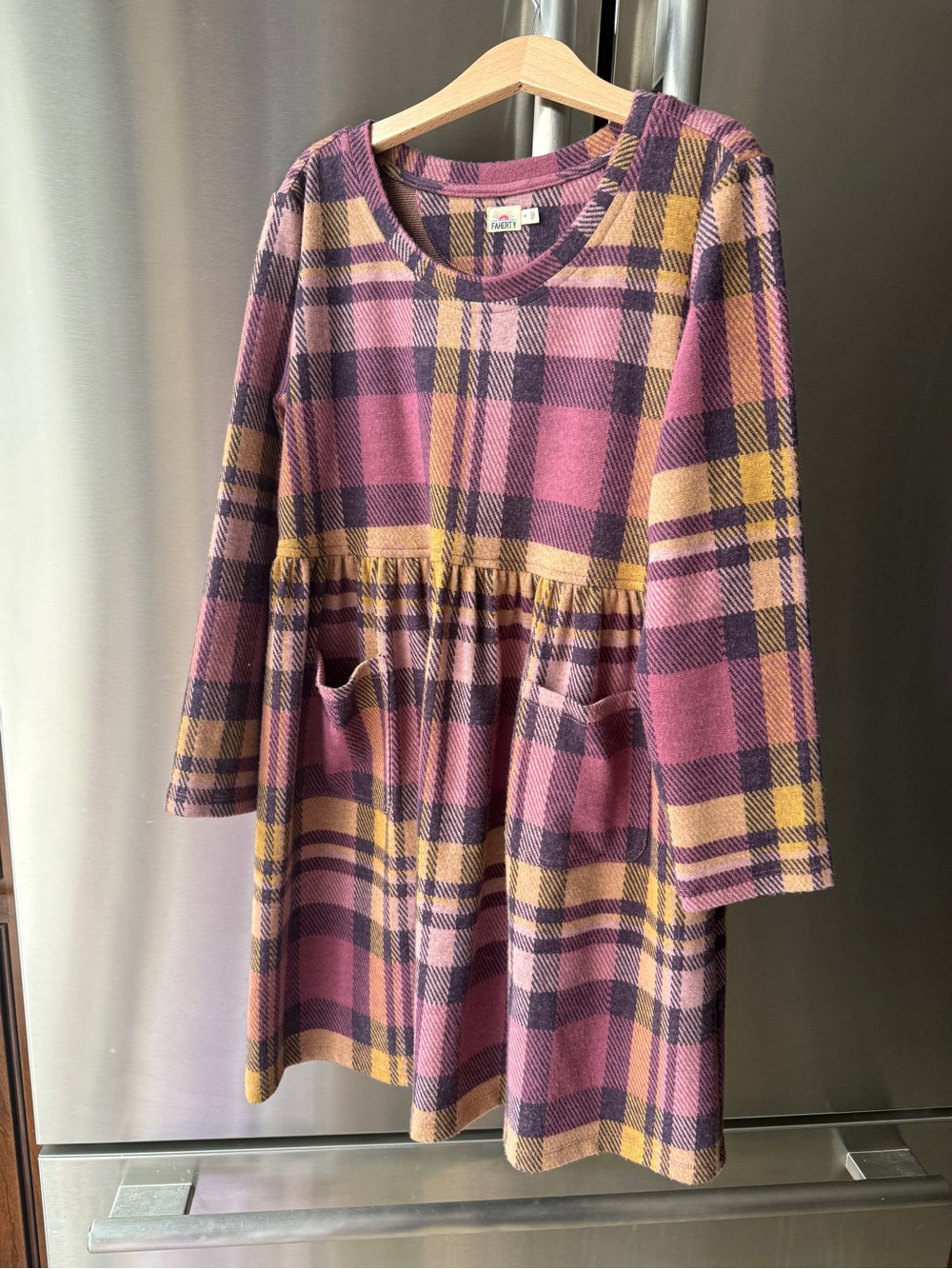 Faherty Girls' Plaid Long-Sleeve Dress with Pockets - Pink & Mustard Size 10